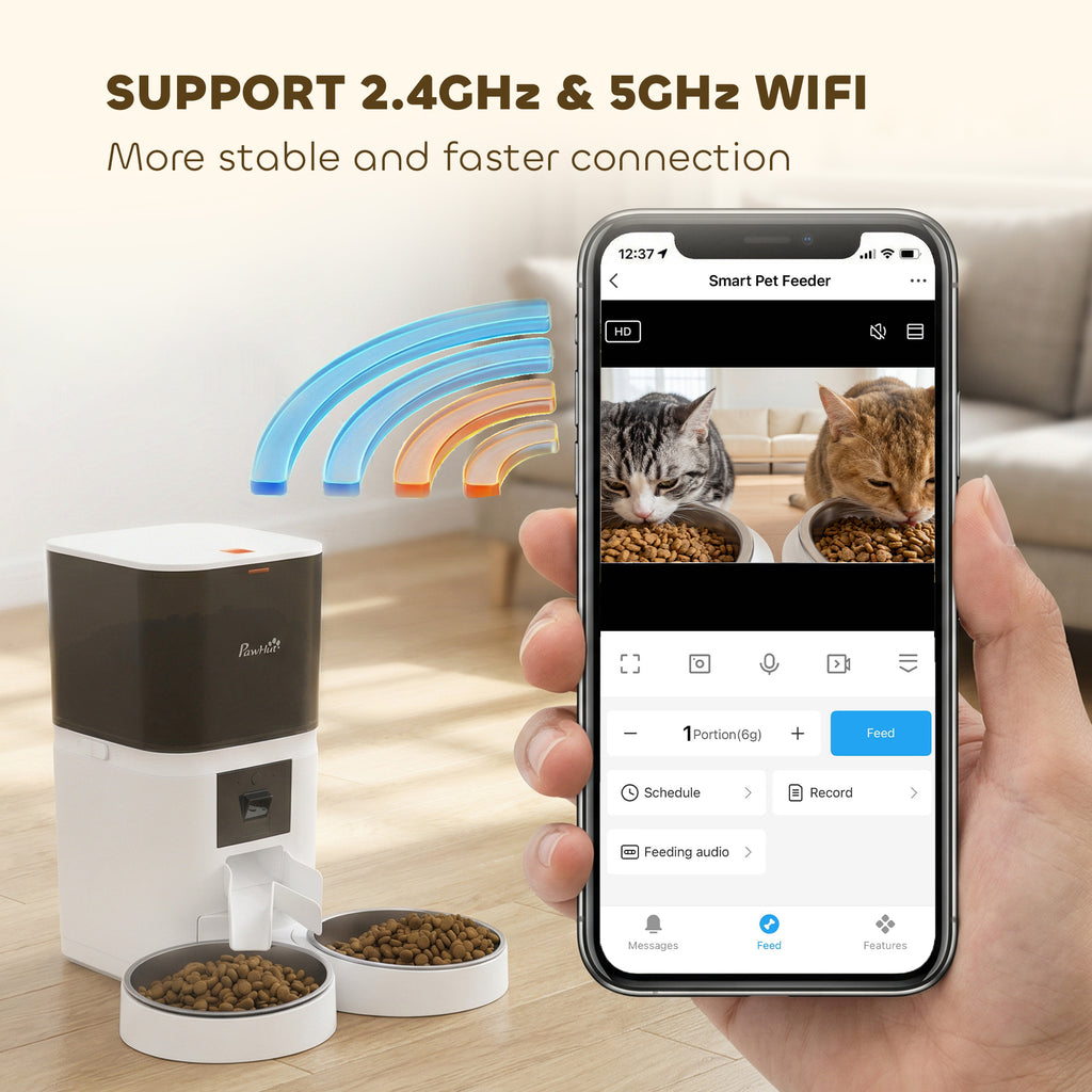 PawHut Automatic Cat Feeder for 2 Cats with HD Camera?2.4G & 5G WiFi Pet Food Dispenser 6L APP Control