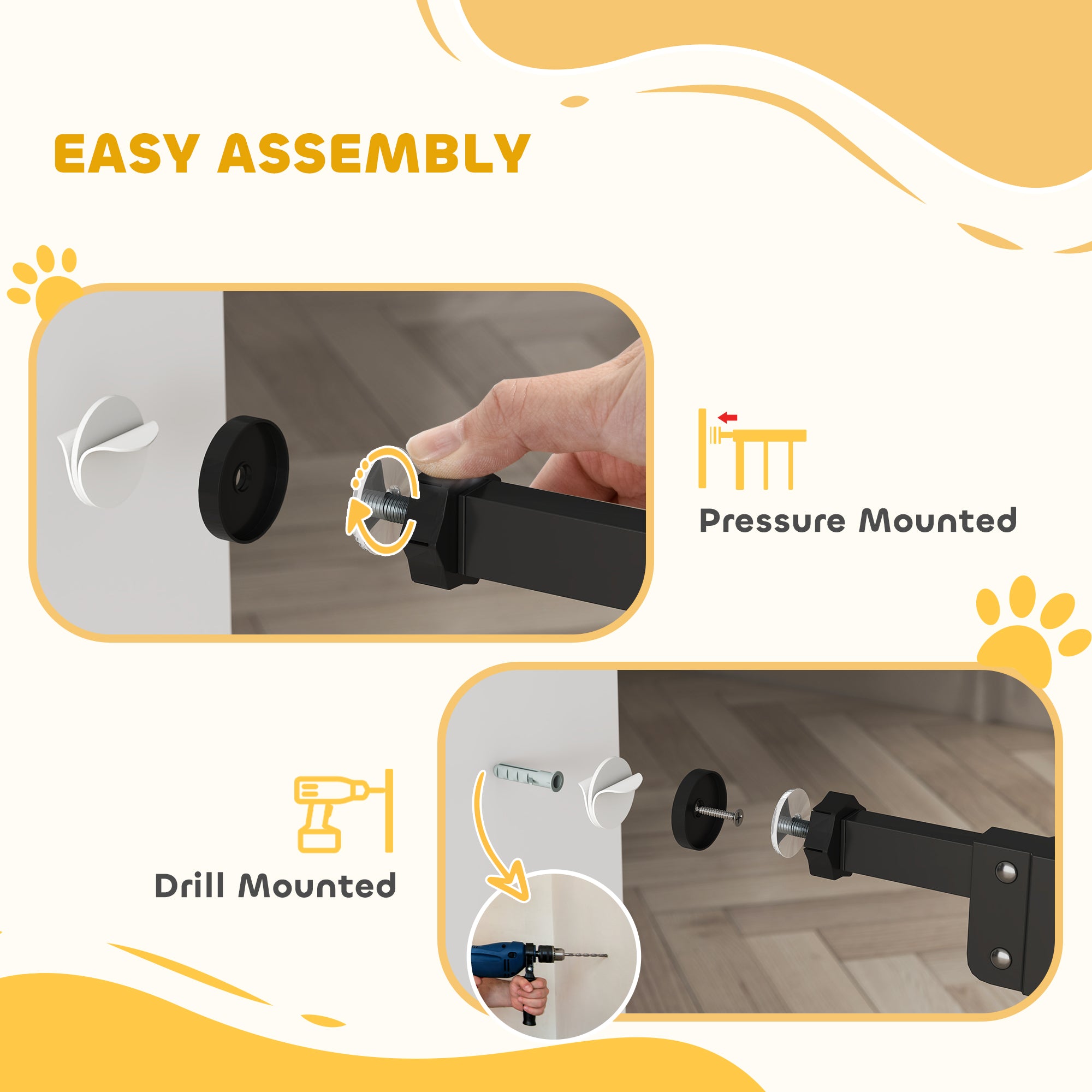 PawHut Extra Tall Pet Gate, Indoor Dog Safety Gate, with Cat Flap, Auto Close, 74-80cm Wide - Black