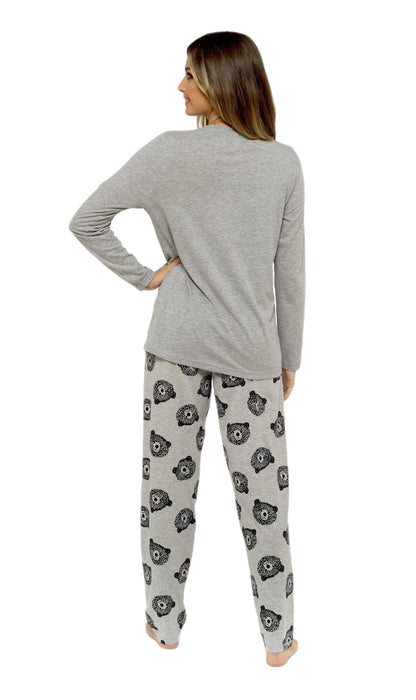 Women's Grey Cotton Pyjama Set with Teddy Bear Design Soft Jersey Long Sleeve Top and Elasticated Bottoms Cosy Breathable Nightwear Loungewear Various Sizes by Daisy Dreamer
