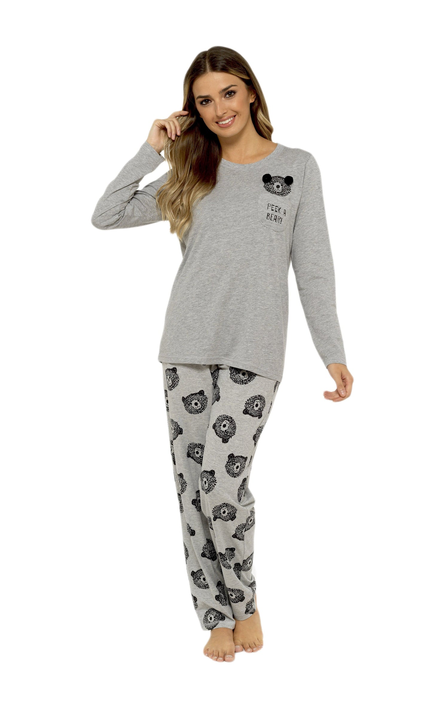 Women's Grey Cotton Pyjama Set with Teddy Bear Design Soft Jersey Long Sleeve Top and Elasticated Bottoms Cosy Breathable Nightwear Loungewear Various Sizes by Daisy Dreamer