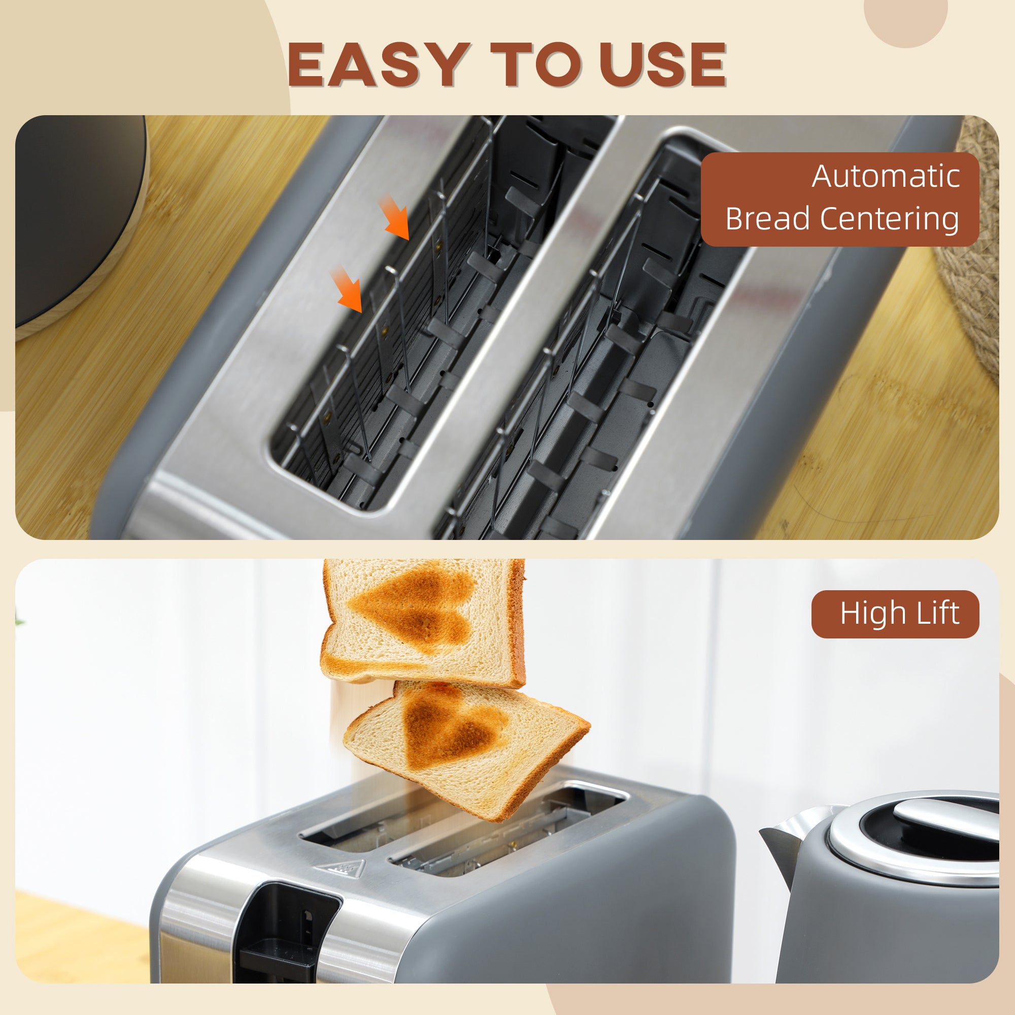 Stainless Steel Kettle and Toaster Set, 1.7L 3000W Fast Boil Kettle & 2 Slice Toaster Kitchen Set with 7 Level Browning Controls, Defrost, Reheat, Auto Off, Boil-dry Protection, Grey