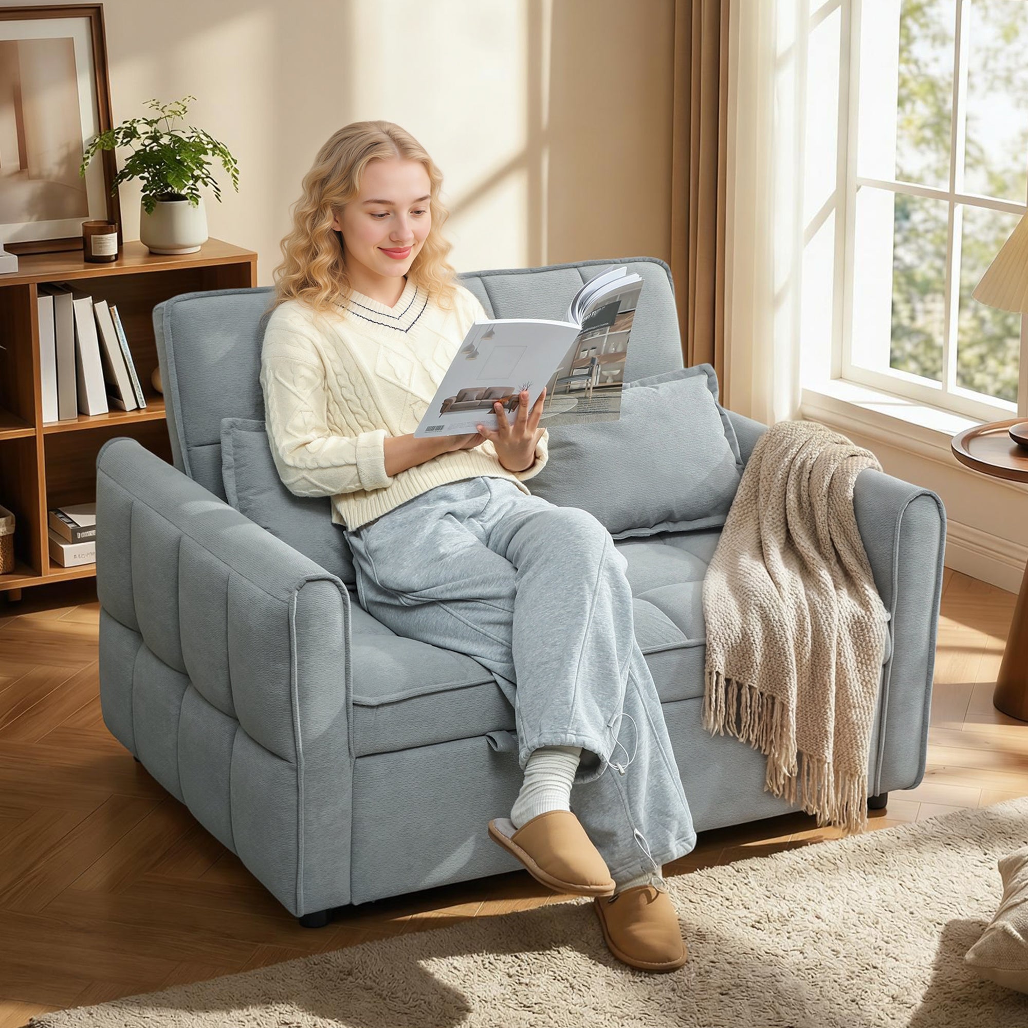 HOMCOM 2 Seater Sofa Bed, 3-in-1 Convertible Sleeper Sofa with Click-clack Adjustable Backrest and 2 Pillows, Grey