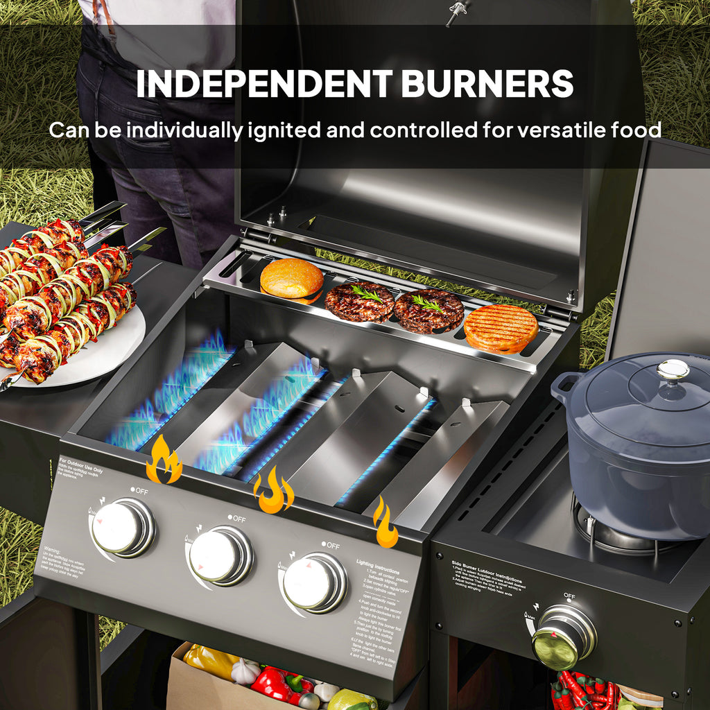 Outsunny 3+1 Burner Gas BBQ Grill with Storage Cabinet and Shelves, 9.5 kW Gas Barbecue Trolley with 6 Castor Wheels, Warming Rack, Thermometer for Outdoor Cooking Garden Party, Black