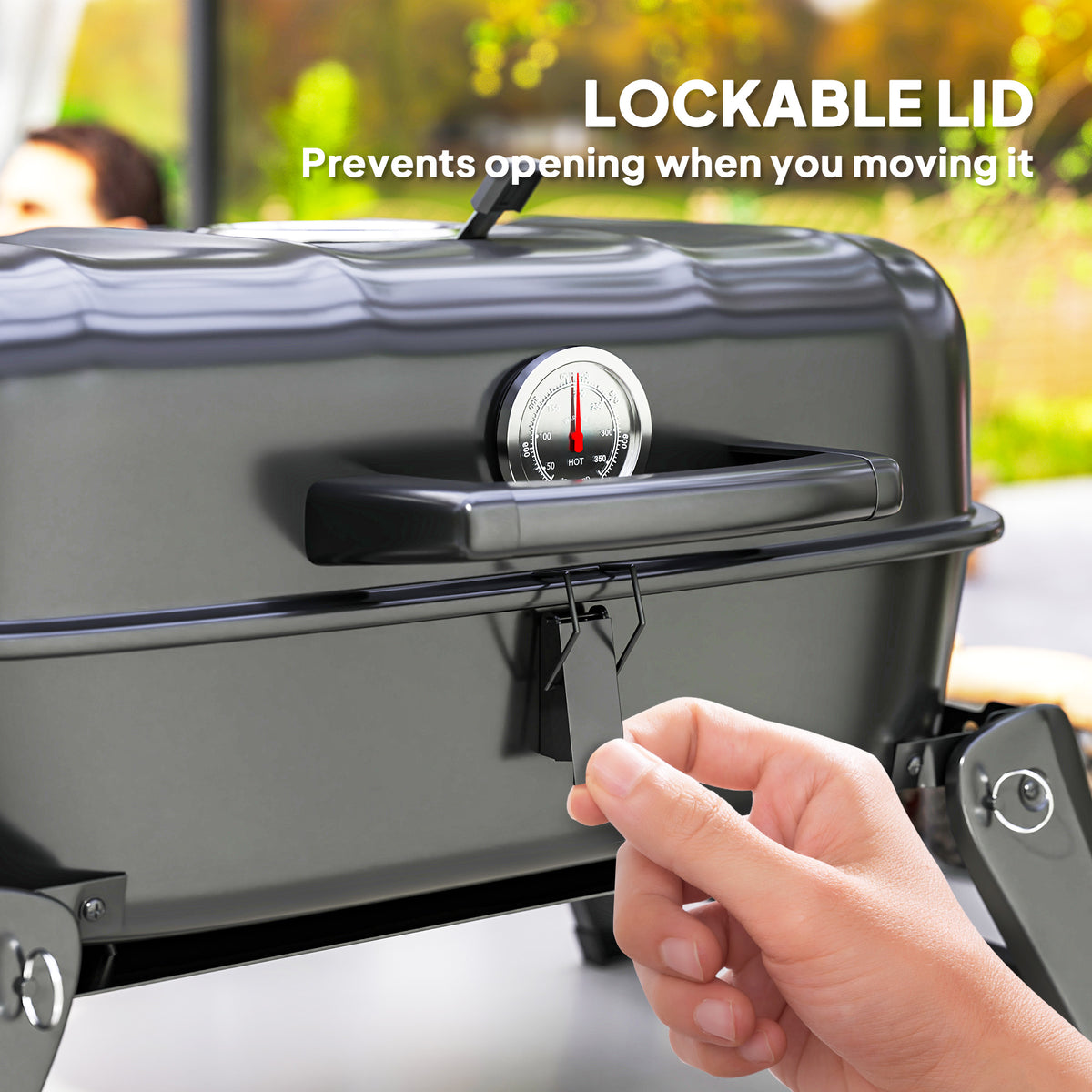Outsunny Charcoal Barbecue Grill Folding Portable BBQ Grill for Camping with 1232 cm² Cooking Area, Adjustable Vent, Thermometer, Handles for Picnic, 59 x 37 x 36 cm, Black