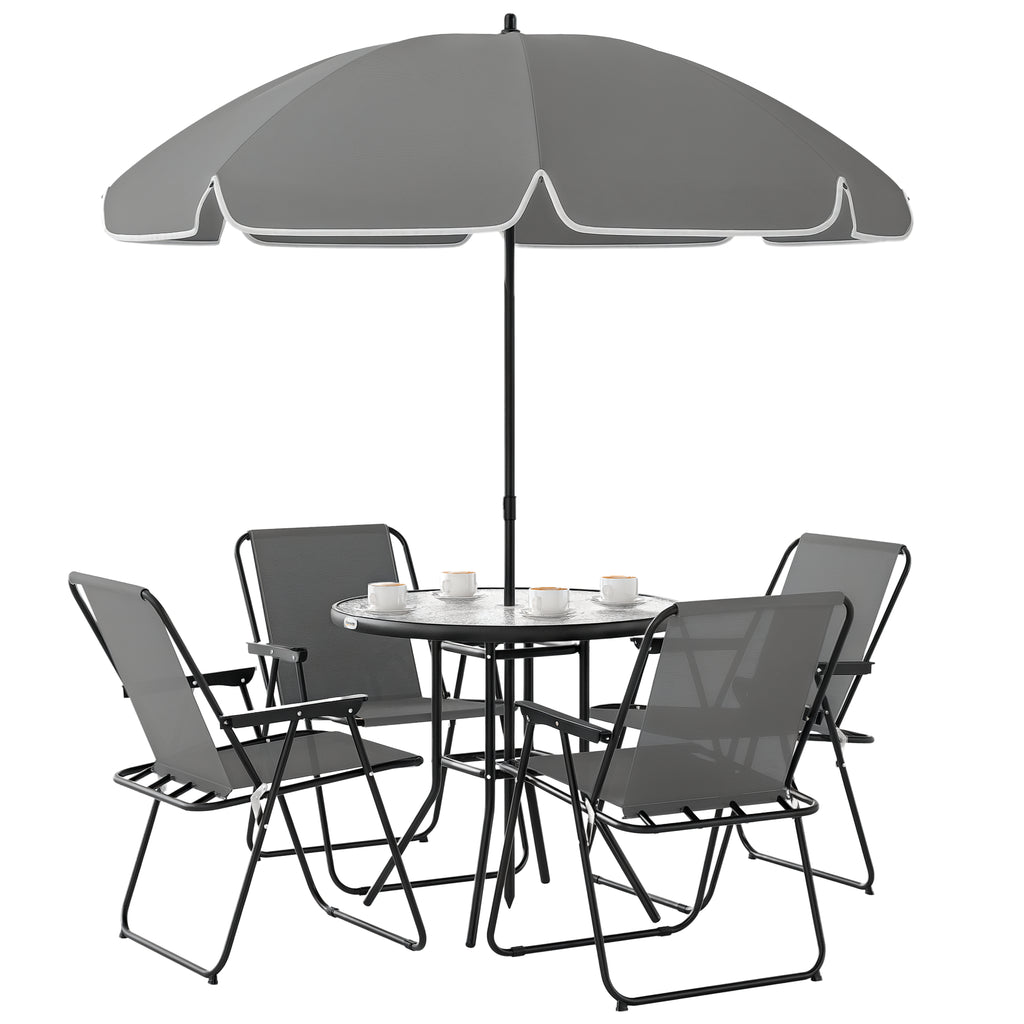 Outsunny 4 Seater Garden Furniture Set, 6 Pieces Garden Table and Chairs with Parasol, Outdoor Garden Dining Set with Folding Chairs and Round Glass Top Table for Patio, Grey