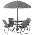 Outsunny 4 Seater Garden Furniture Set, 6 Pieces Garden Table and Chairs with Parasol, Outdoor Garden Dining Set with Folding Chairs and Round Glass Top Table for Patio, Grey