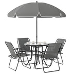 Outsunny 4 Seater Garden Furniture Set, 6 Pieces Garden Table and Chairs with Parasol, Outdoor Garden Dining Set with Folding Chairs and Round Glass Top Table for Patio, Grey