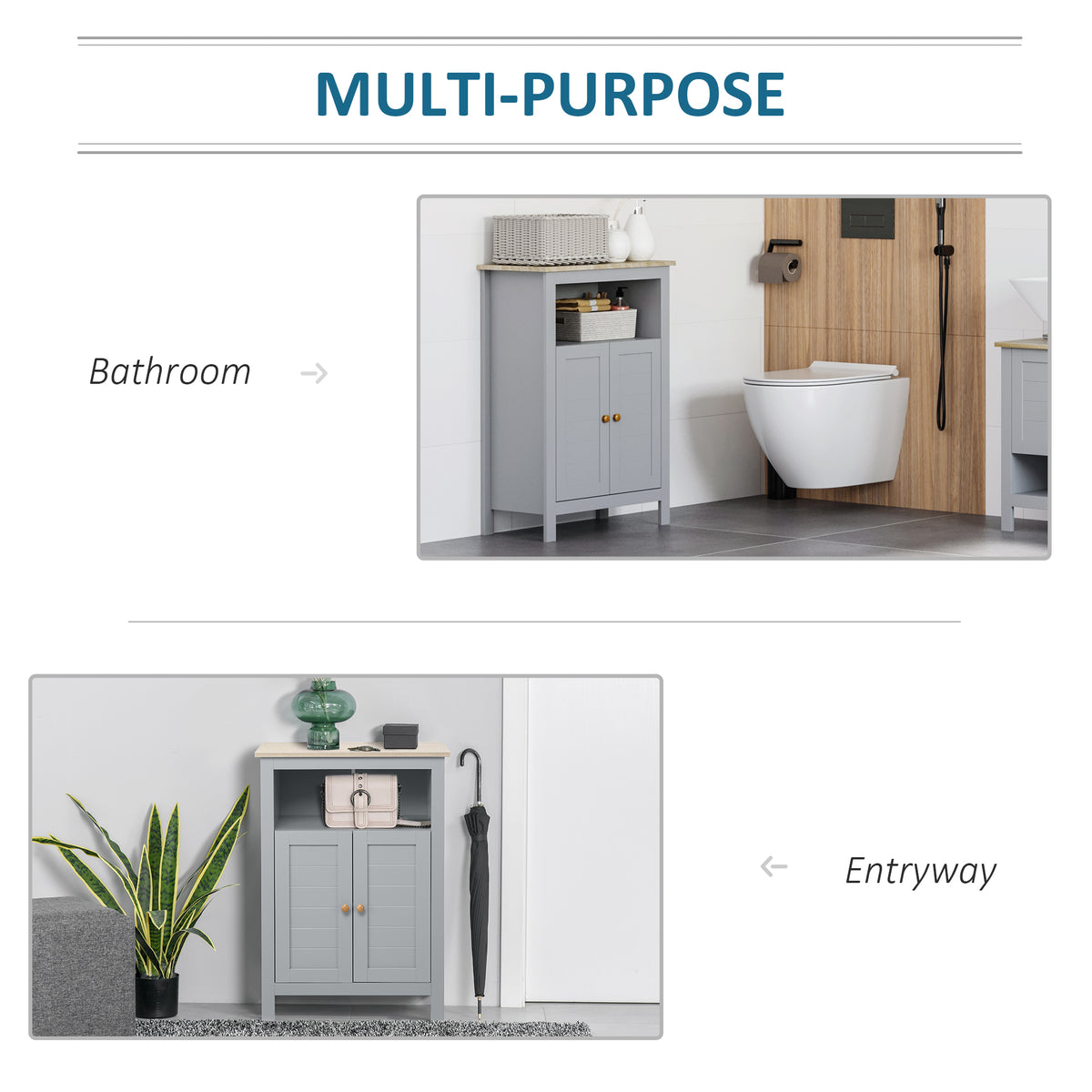 kleankin Bathroom Floor Cabinet, Free Standing Cupboard with Double Doors and Adjustable Shelf for Kitchen, Hallway, Living Room, Grey