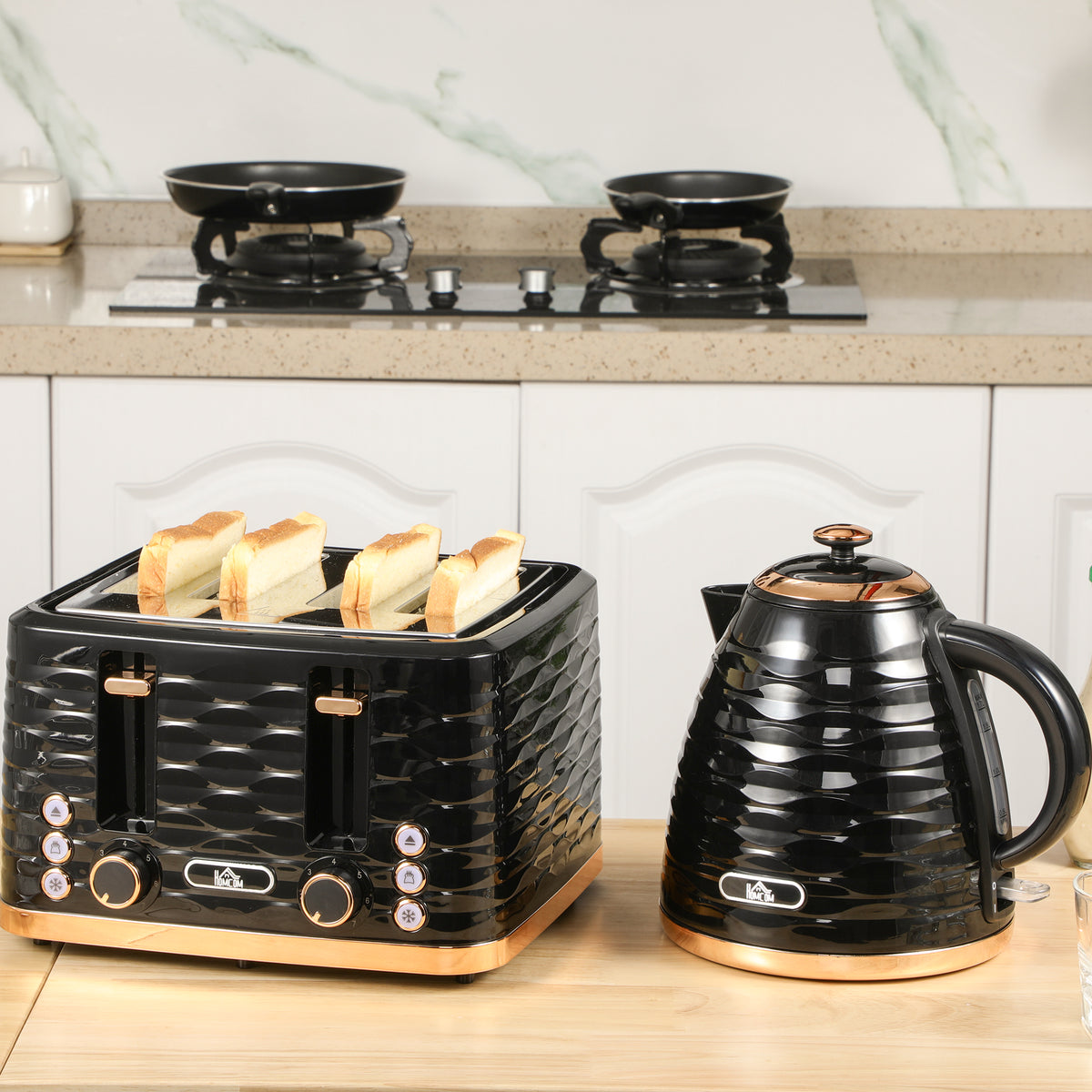 Kettle and Toaster Sets, 3000W 1.7L Rapid Boil Kettle & 4 Slice Toaster with 7 Browning Controls, Defrost, Reheat and Crumb Tray, UK Otter thermostat, Black