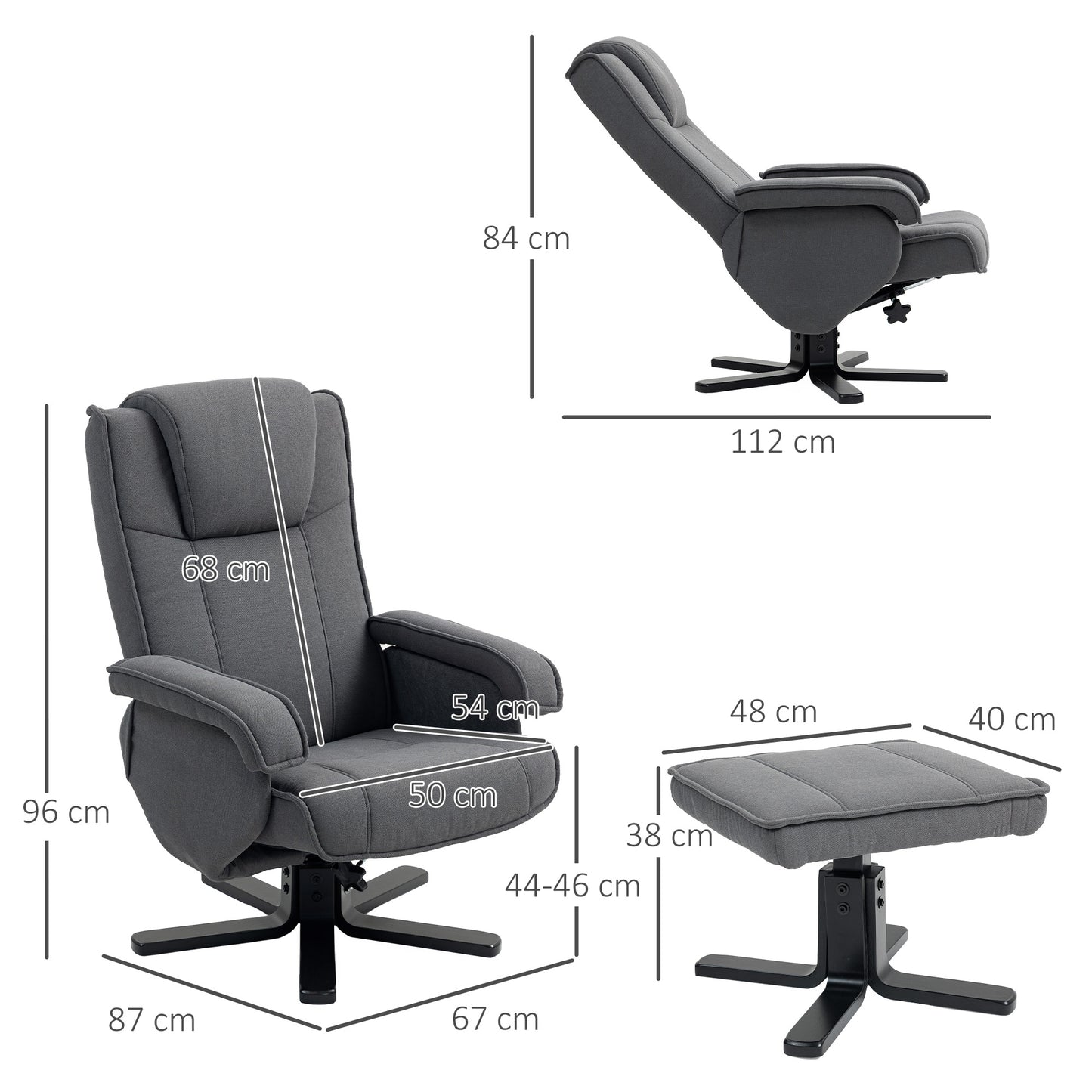 Swivel Recliner Chair with Footstool - Charcoal Grey Velvet