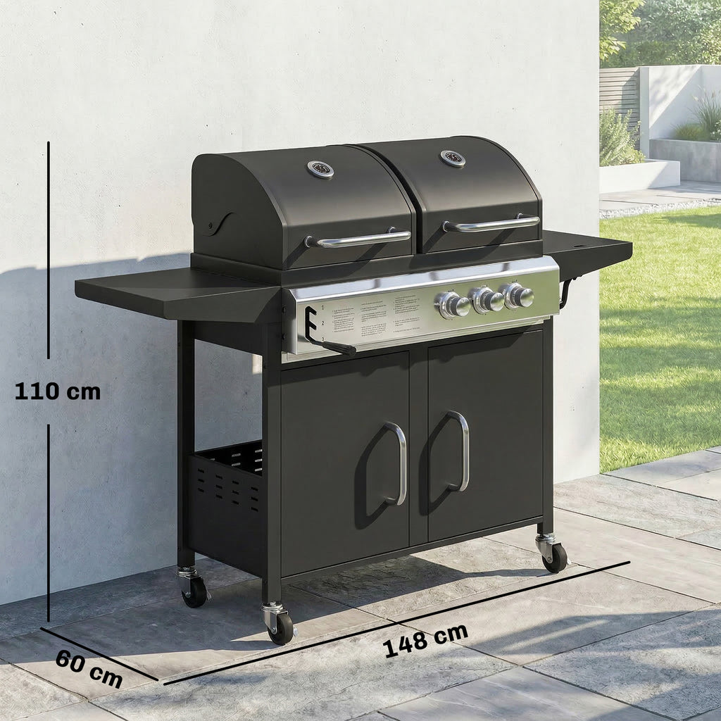 Outsunny 2+1 Burner Hybrid Dual Fuel BBQ Gas Grill, 2-in-1 Propane & Charcoal Barbecue Grill Smoker Combo with Wheels, Black