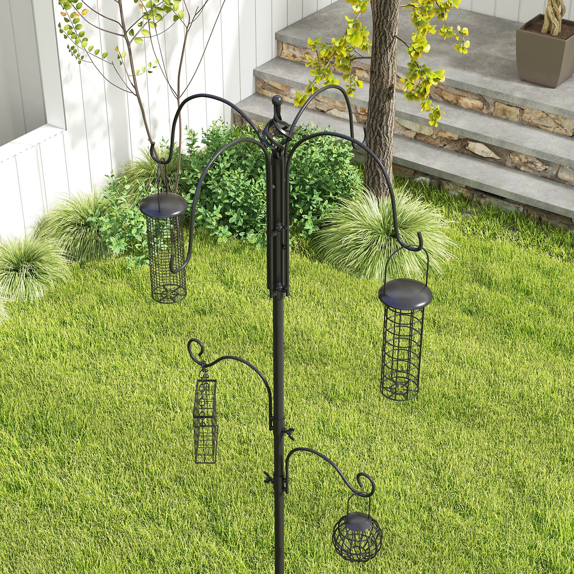 Pawhut Bird Feeding Station Kit, Wild Bird Feeder Pole with 6 Hooks, 4 Hanging Feeders for Peanuts, Seed, Fat Balls, for Garden, Outdoor, Black