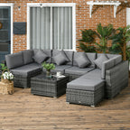 Outsunny 8 Pieces PE Rattan Corner Sofa Set, Outdoor Garden Furniture Set, Patio Wicker Sofa Seater w/ Cushion, Washable Cushion Cover & Tempered Glass Table, Grey
