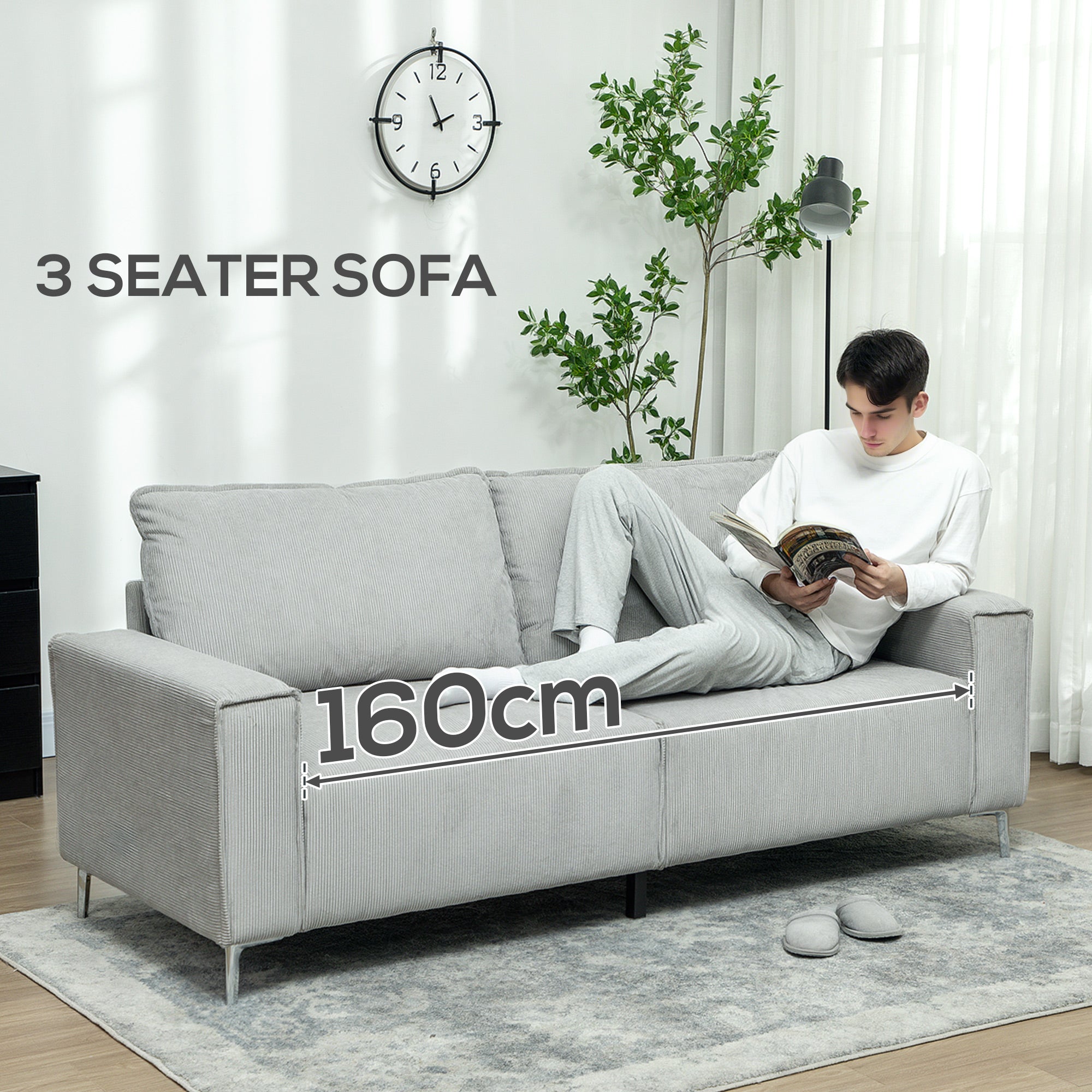 HOMCOM Three-Seater Corduroy - Light Grey