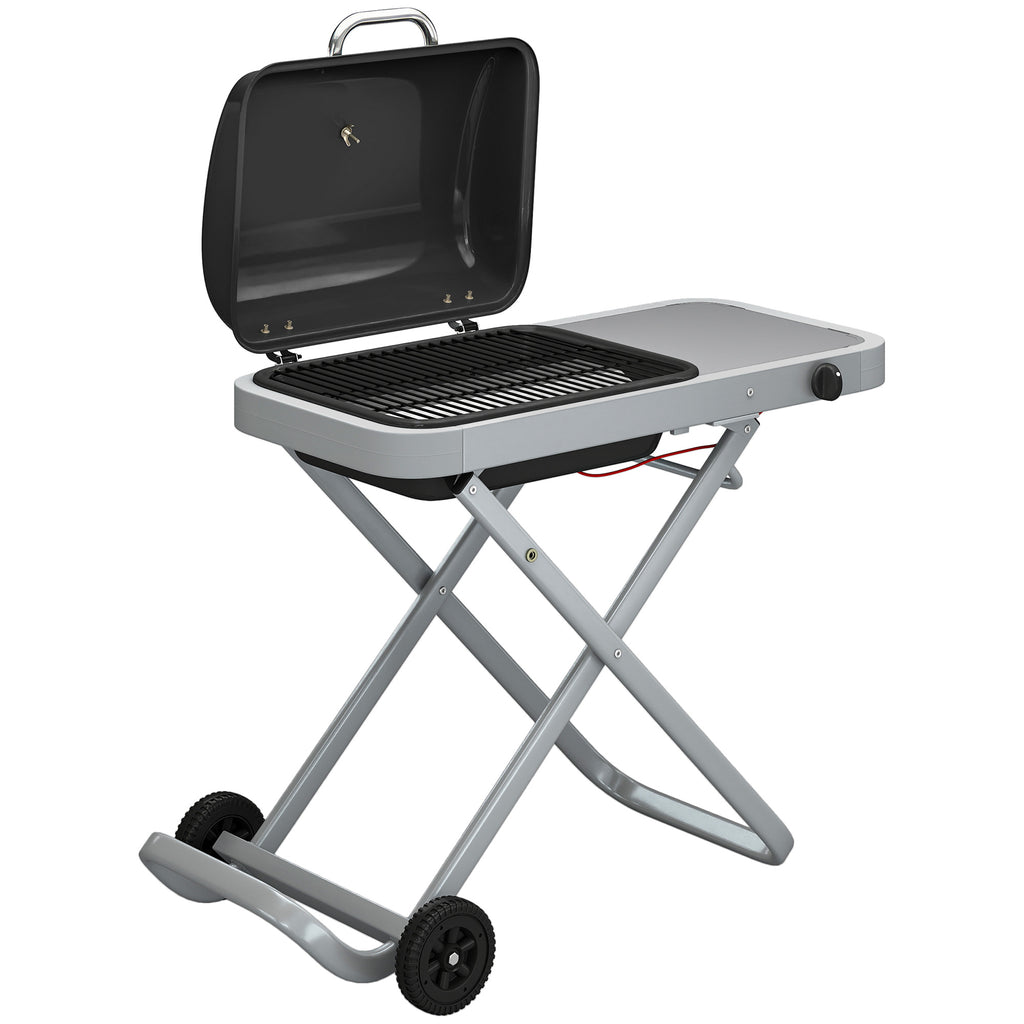 Outsunny Foldable Gas BBQ Grill with Side Table, Portable Gas Barbecue Grill with Thermometer, Grease Box, Wheels, 2.5 kW, Black