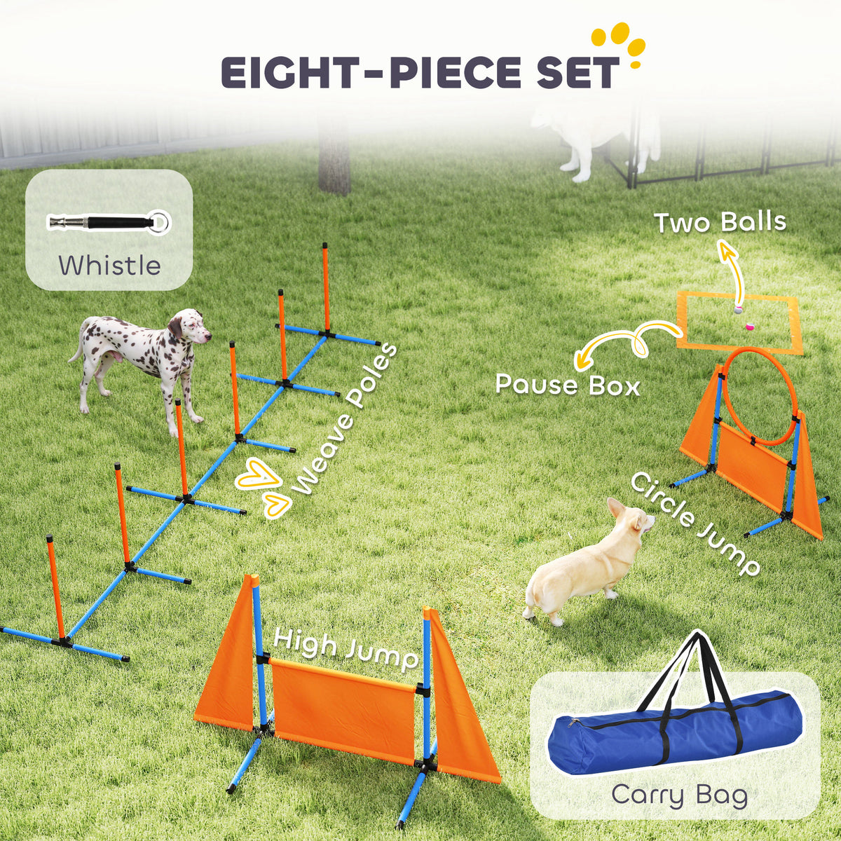 PawHut 6-Piece Dog Agility Equipment Set with Weave Poles, Jump Ring, Hurdle, Pause Box, Bag, Orange