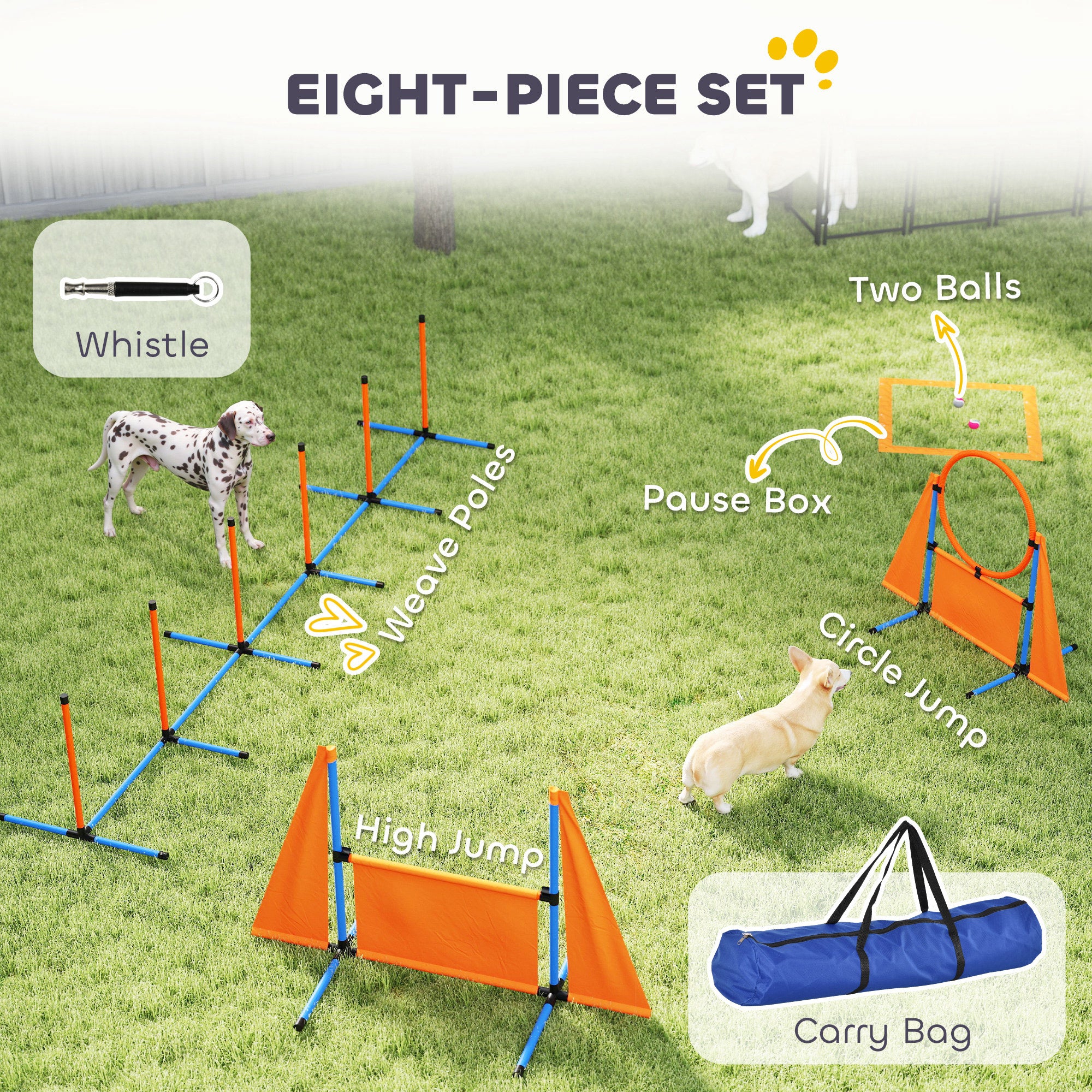 PawHut 6-Piece Dog Agility Equipment Set with Weave Poles, Jump Ring, Hurdle, Pause Box, Bag, Orange