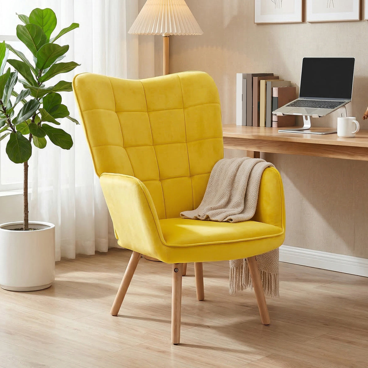 Modern Accent Chair, Upholstered High Back Armchair with Tufted Wingback, Seat Padding, Velvet Leisure Lounge Bedroom Chair with Wood Legs, Yellow