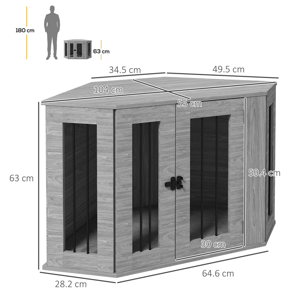 PawHut 2 in 1 Dog Crate Furniture Side Table with Cushion for Medium Dogs, 104 x 55 x 63cm - Grey