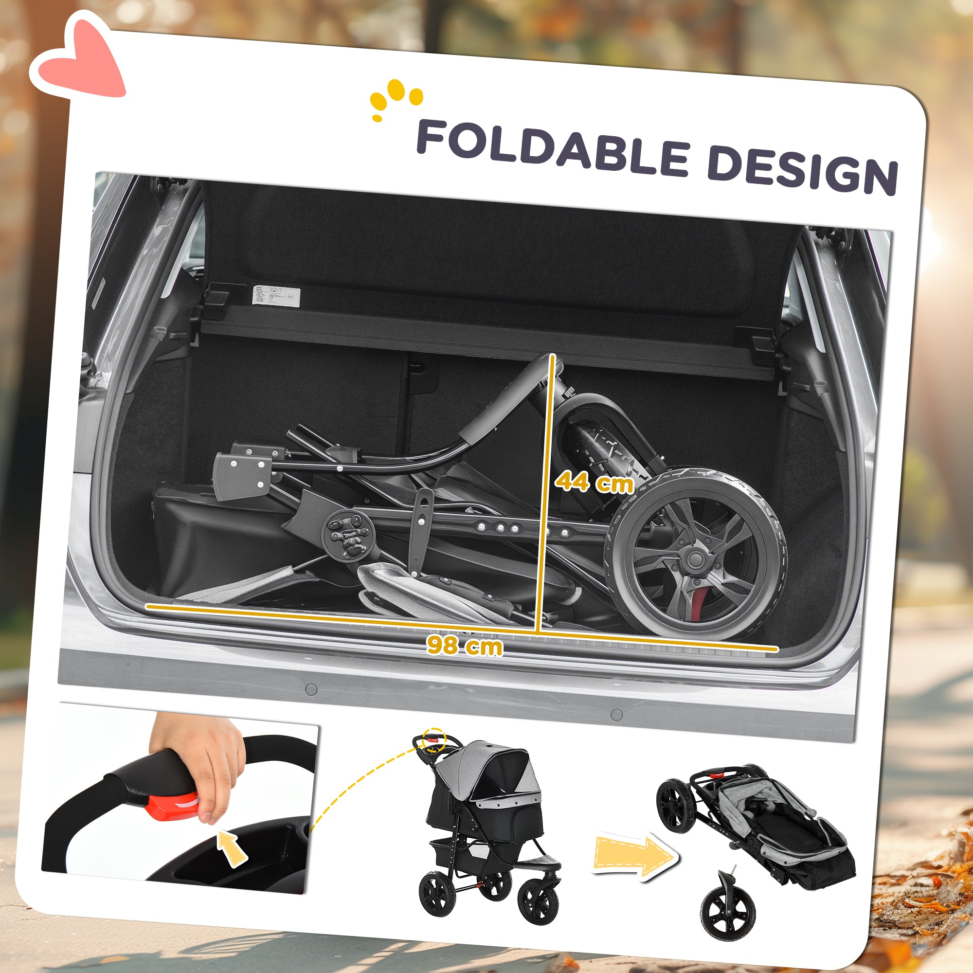 PawHut Dog Stroller Pram, 3-Wheel Foldable Pet Stroller with Invisible Sky Roof, for Small Dogs & Cats, Red