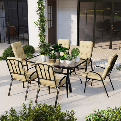 Outsunny Seven-Piece Garden Dining Set with Ripple Tempered Glass Tabletop and Full-size Cushions - Beige