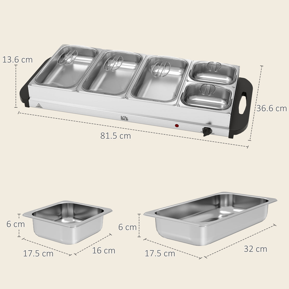 5 Tray Electric Food Warmer Buffet Server with Warming Plate, Cool Touch Handles, Adjustable Temperature, 300W, 3 x 2.4L and 2 x 1L Pans