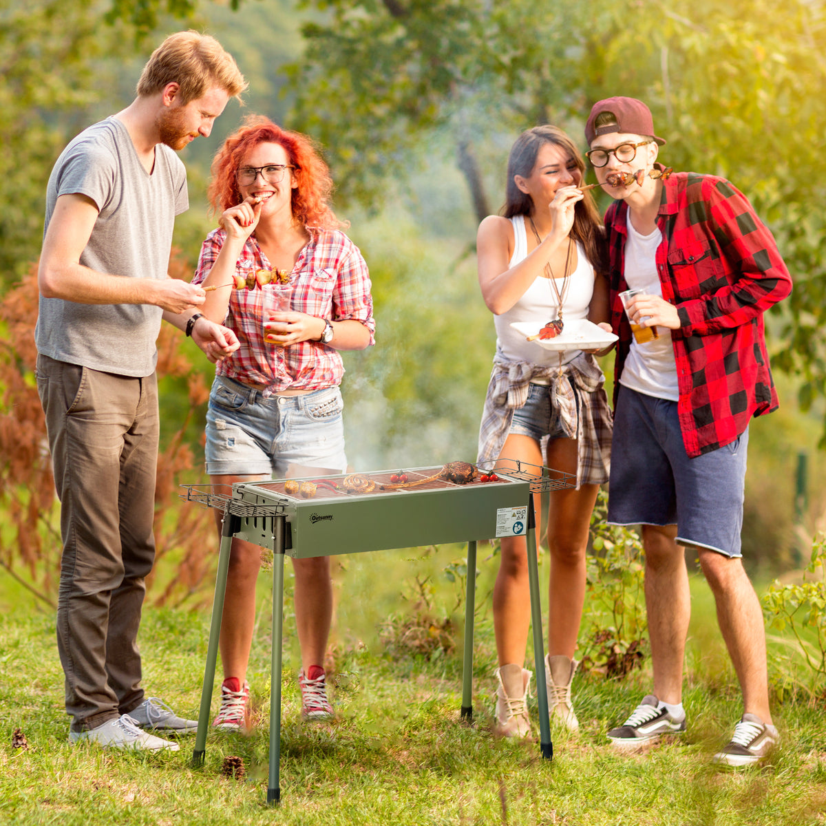 Outsunny Portable Charcoal Barbecue BBQ Grill with Seasoning Baskets and Hooks, Compact Stainless Steel Cooker for Camping Picnic Hiking Garden Party Festival, Dark Green