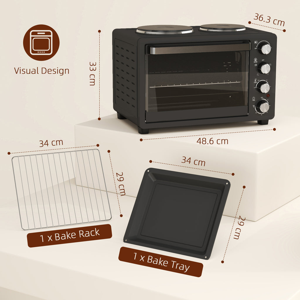 NETTA 28L Toaster Oven with Double Hotplate, 1600W Countertop MIni Oven with 60 Minute Timer & 230°C Temp Control, Baking Tray & Wire Rack, Black