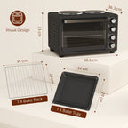 NETTA 28L Toaster Oven with Double Hotplate, 1600W Countertop MIni Oven with 60 Minute Timer & 230°C Temp Control, Baking Tray & Wire Rack, Black