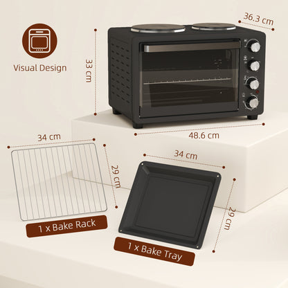 NETTA 28L Toaster Oven with Double Hotplate, 1600W Countertop MIni Oven with 60 Minute Timer & 230°C Temp Control, Baking Tray & Wire Rack, Black