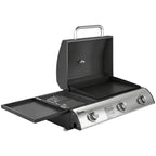Outsunny 3 Burner Portable Gas Plancha BBQ Grill, 7.5 kW Outdoor Tabletop Gas Barbecue Grill with Griddle, Thermometer,, Black