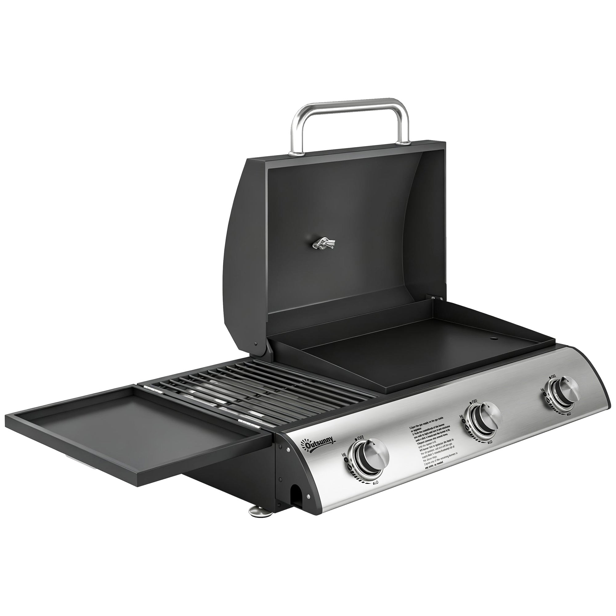 Outsunny 3 Burner Portable Gas Plancha BBQ Grill, 7.5 kW Outdoor Tabletop Gas Barbecue Grill with Griddle, Thermometer,, Black