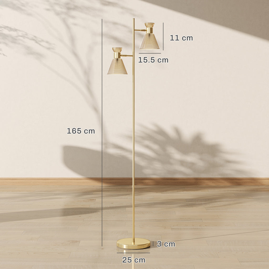 Floor Lamp with Adjustable Dual Head, Modern Standing Lamp with Floral Glass Shades and Foot Switch for Living Room Bedroom, E27 Socket, Bulb Not Included, Gold Tone