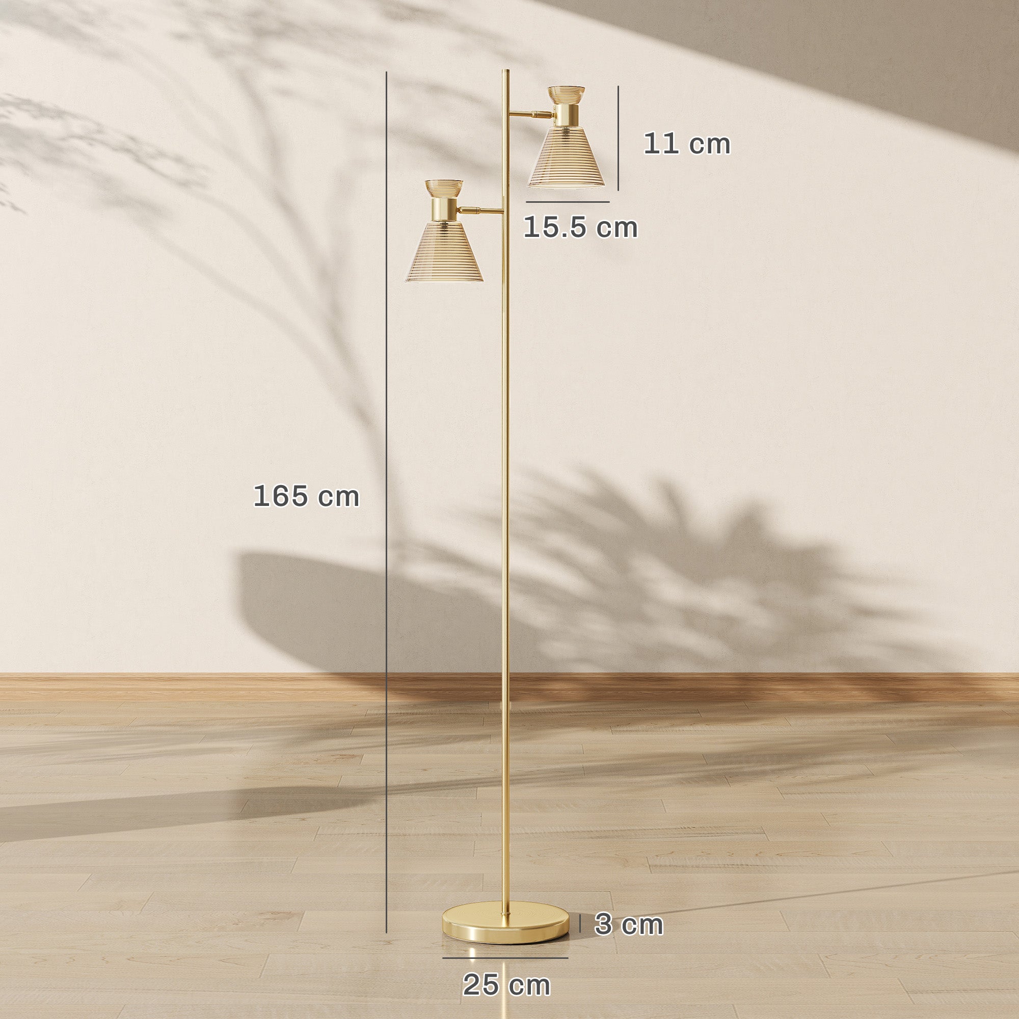 Floor Lamp with Adjustable Dual Head, Modern Standing Lamp with Floral Glass Shades and Foot Switch for Living Room Bedroom, E27 Socket, Bulb Not Included, Gold Tone