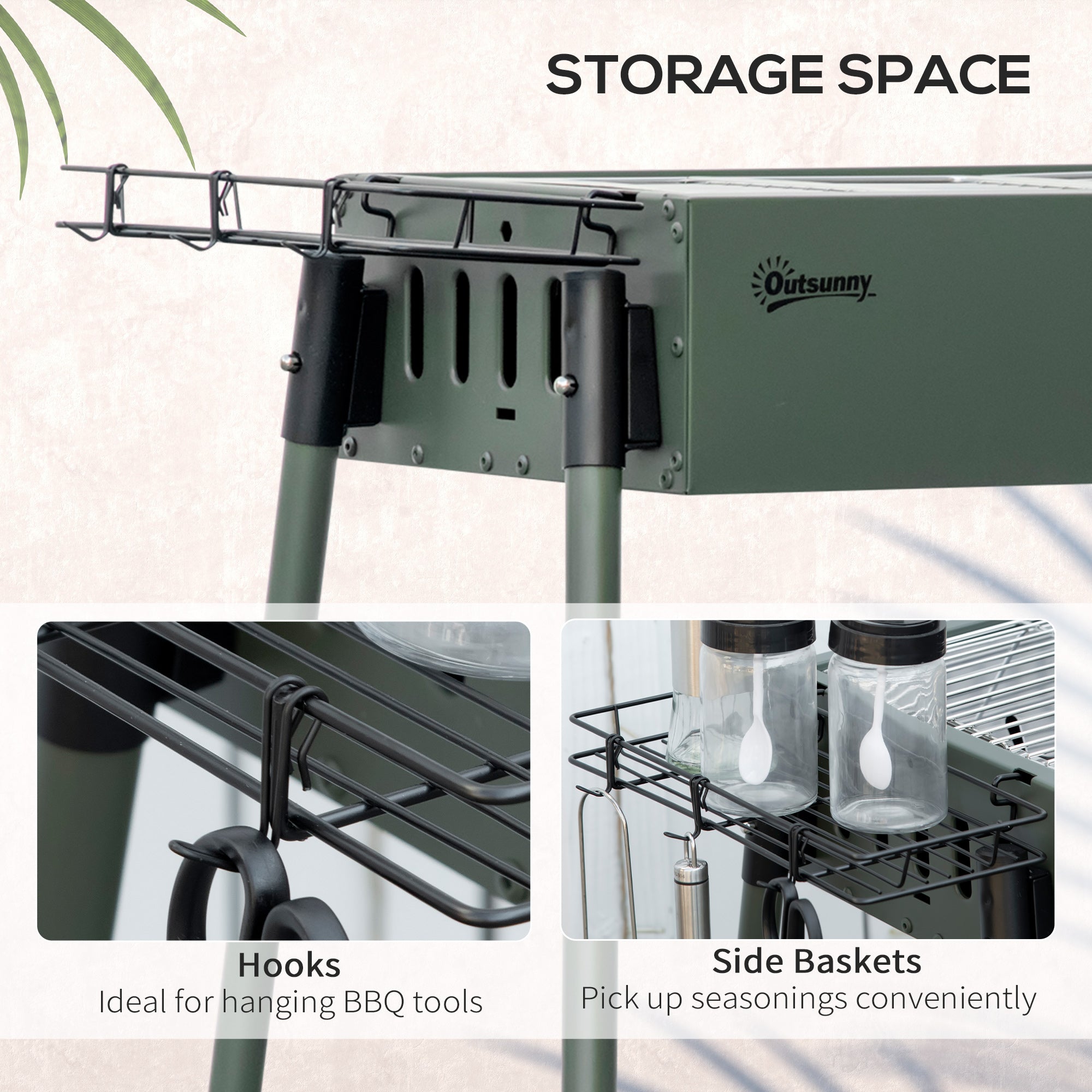 Outsunny Portable Charcoal Barbecue BBQ Grill with Seasoning Baskets and Hooks, Compact Stainless Steel Cooker for Camping Picnic Hiking Garden Party Festival, Dark Green
