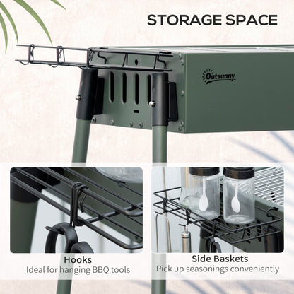 Outsunny Portable Charcoal Barbecue BBQ Grill with Seasoning Baskets and Hooks, Compact Stainless Steel Cooker for Camping Picnic Hiking Garden Party Festival, Dark Green