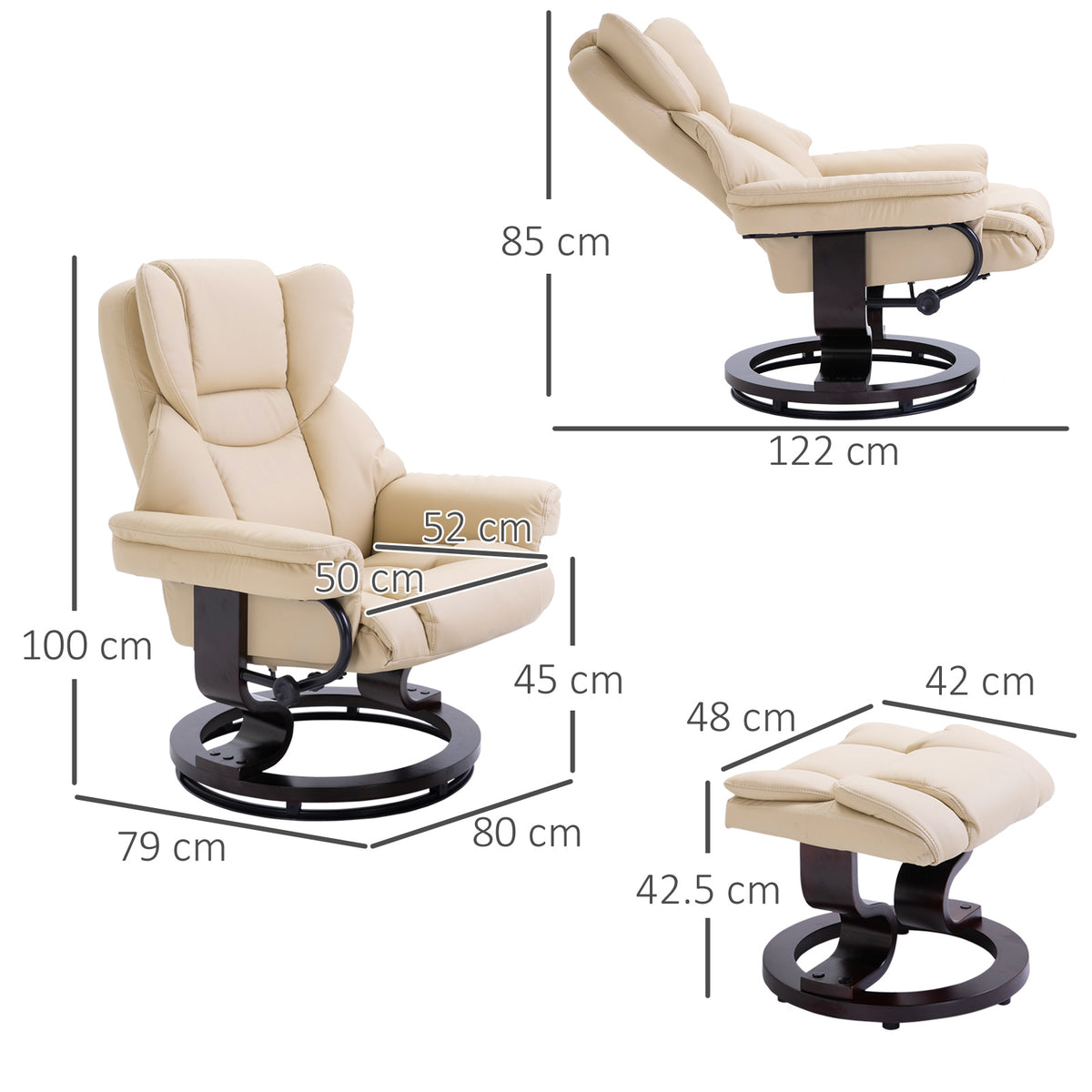 360° Swivel Recliner Chair with Footstool, PU Leather Manual Recliner Armchair with Footstool, Solid Wood Base, Upholstered Reclining Chair for Living Room, Bedroom, Office, Cream
