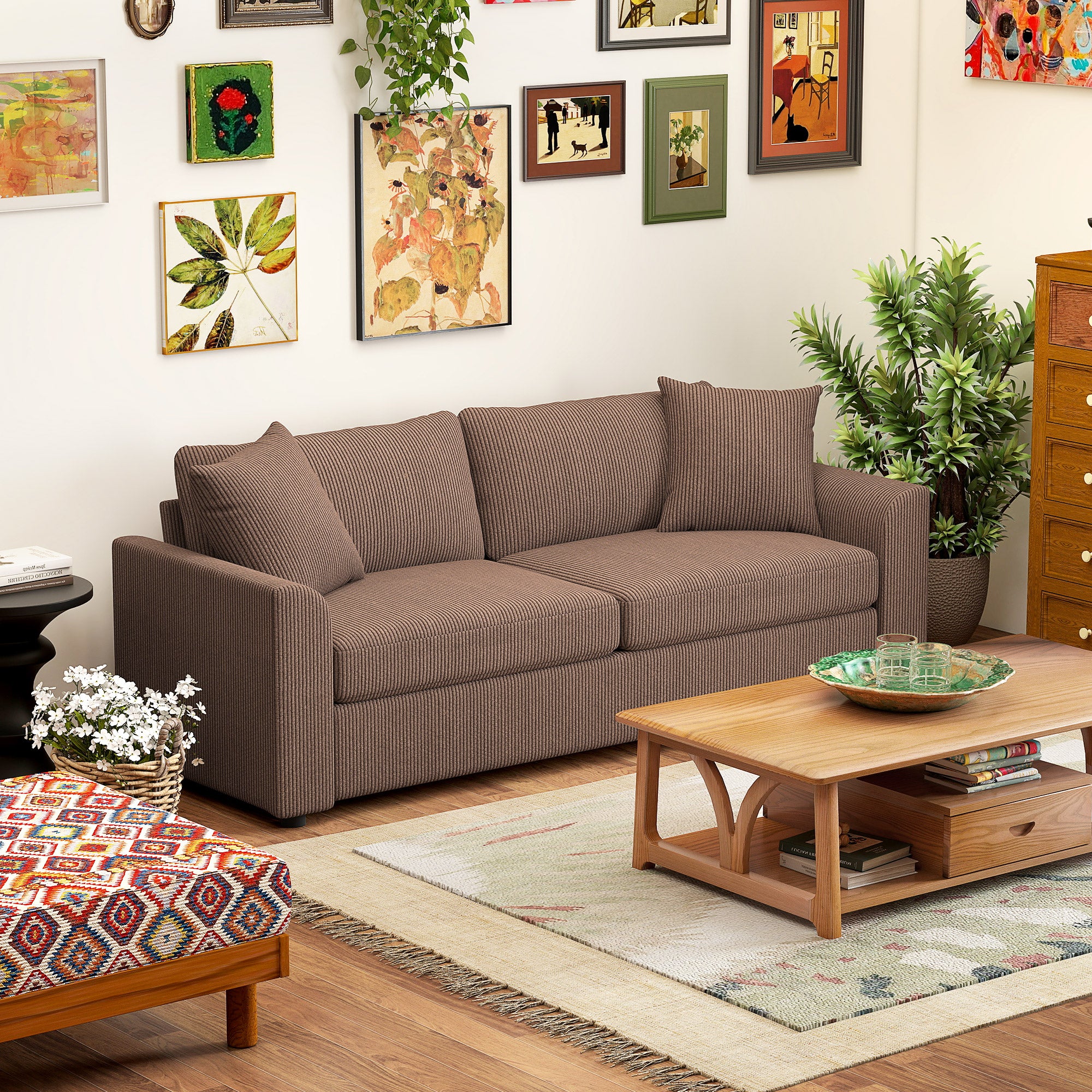 HOMCOM Modern 3 Seater Sofa with Spring Cushion, 212 cm Fabric Jumbo Cord Sofa Couch with 2 Scatter Cushions, Upholstered Corduroy Settee for Living Room, Bedroom, Home Office, Coffee