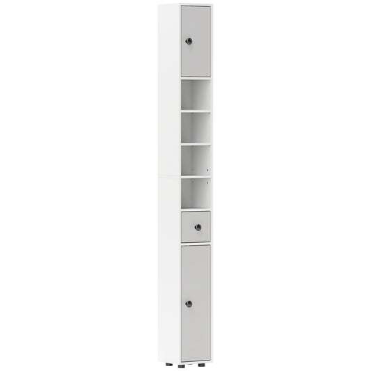 kleankin 180cm Slim Bathroom Cabinet, with Drawer, Shelves and Cupboards - Light Grey