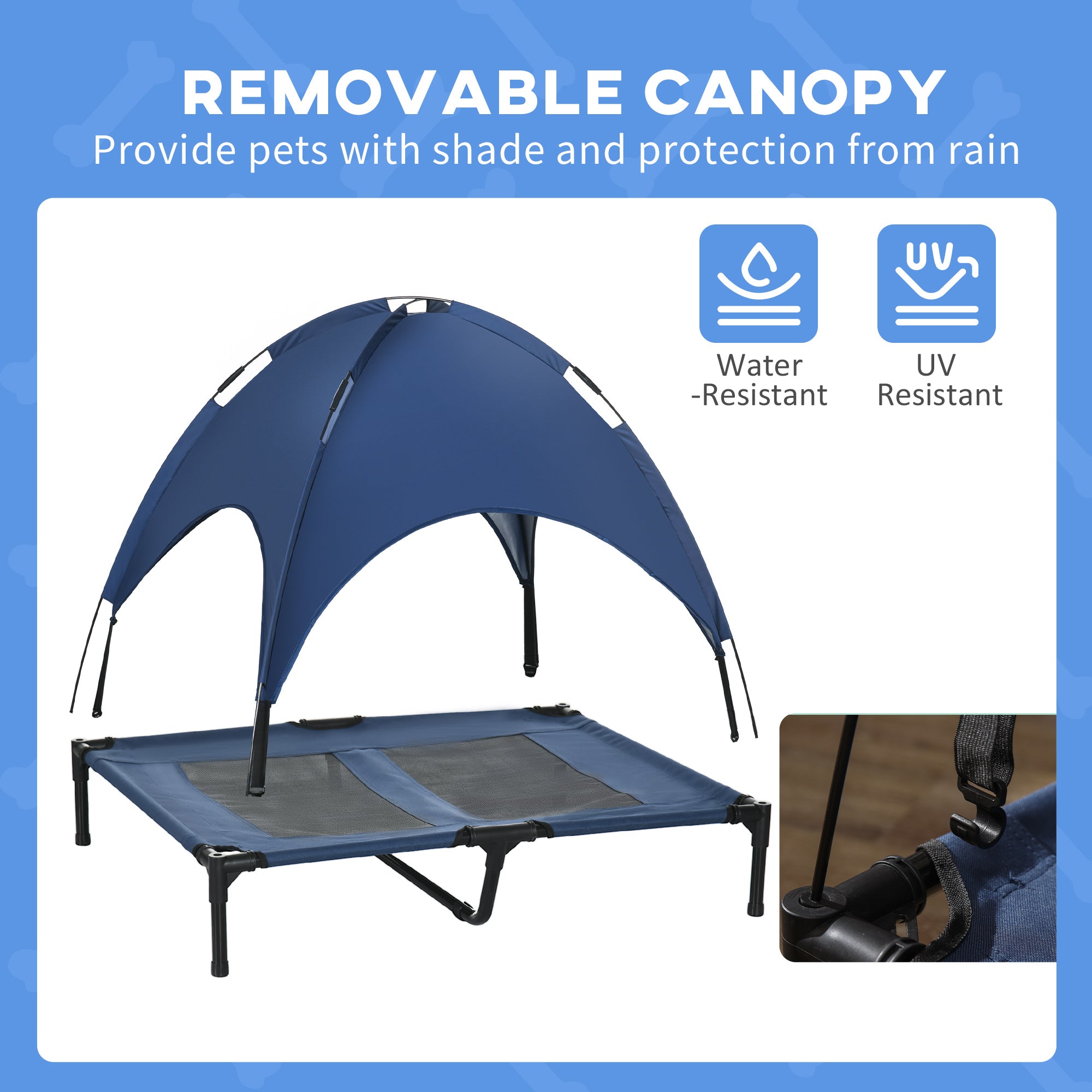 PawHut Outdoor Dog Bed with Removable Canopy, Portable Raised Dog Bed for Camping, Garden & Beach, Water-Resistant UV-Protection Mesh Pet Cot Sun Lounger, for Large Pets, 92 x 76 x 90 cm, Dark Blue