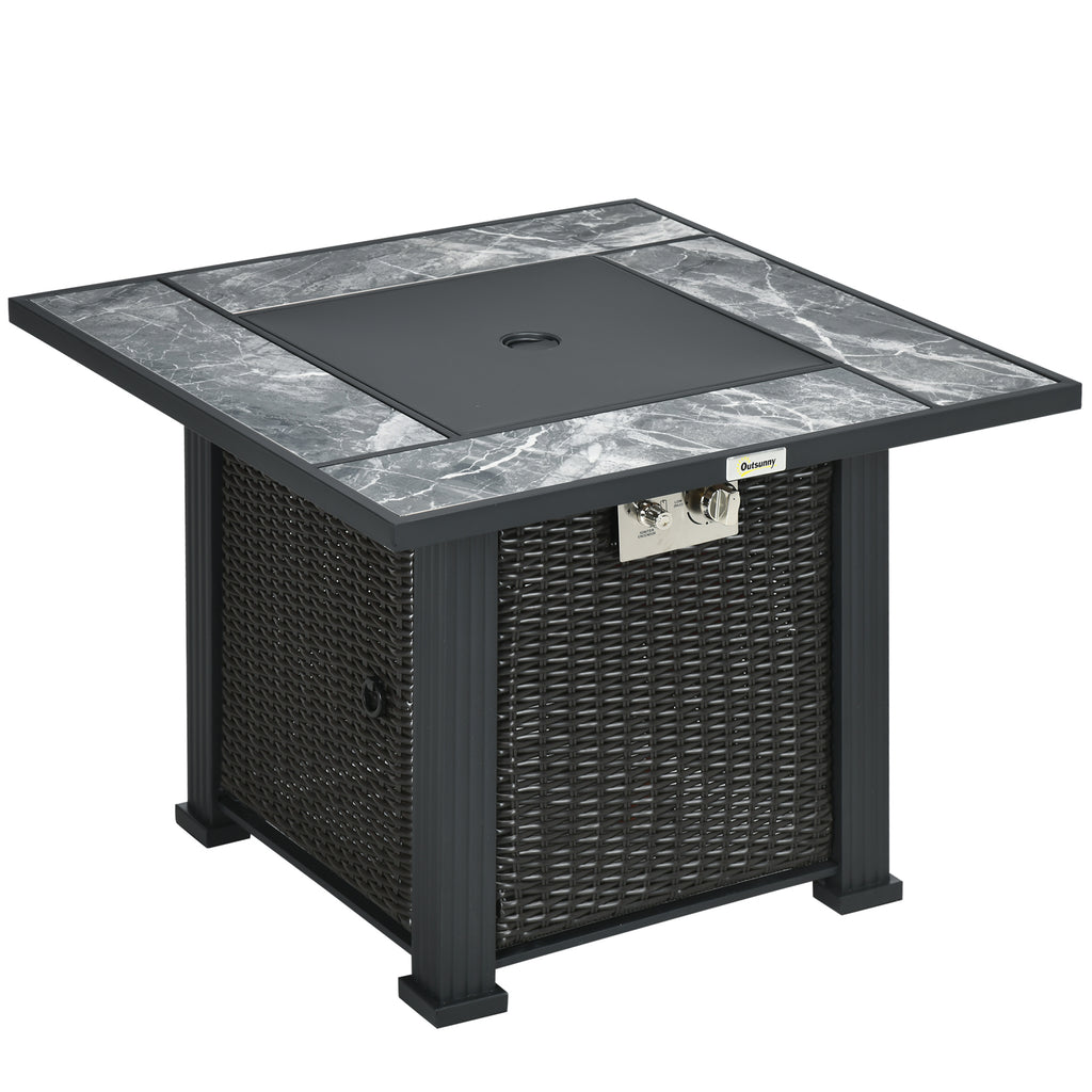 Outsunny Outdoor PE Rattan Gas Fire Pit Table, Patio Square Propane Heater with Marble Desktop, Rain Cover, Glass Windscreen, and Glass Stones, 50,000 BTU, Black