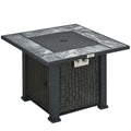 Outsunny Outdoor PE Rattan Gas Fire Pit Table, Patio Square Propane Heater with Marble Desktop, Rain Cover, Glass Windscreen, and Glass Stones, 50,000 BTU, Black