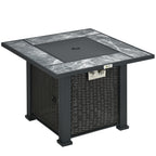 Outsunny Outdoor PE Rattan Gas Fire Pit Table, Patio Square Propane Heater with Marble Desktop, Rain Cover, Glass Windscreen, and Glass Stones, 50,000 BTU, Black