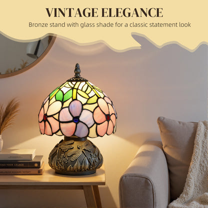 Tiffany-Style Table Lamp with Sculpted Dragonfly Base, Handcrafted Classic Stained Glass Bedside Lamp for Living Room and Bedroom, E27 Socket, Pink
