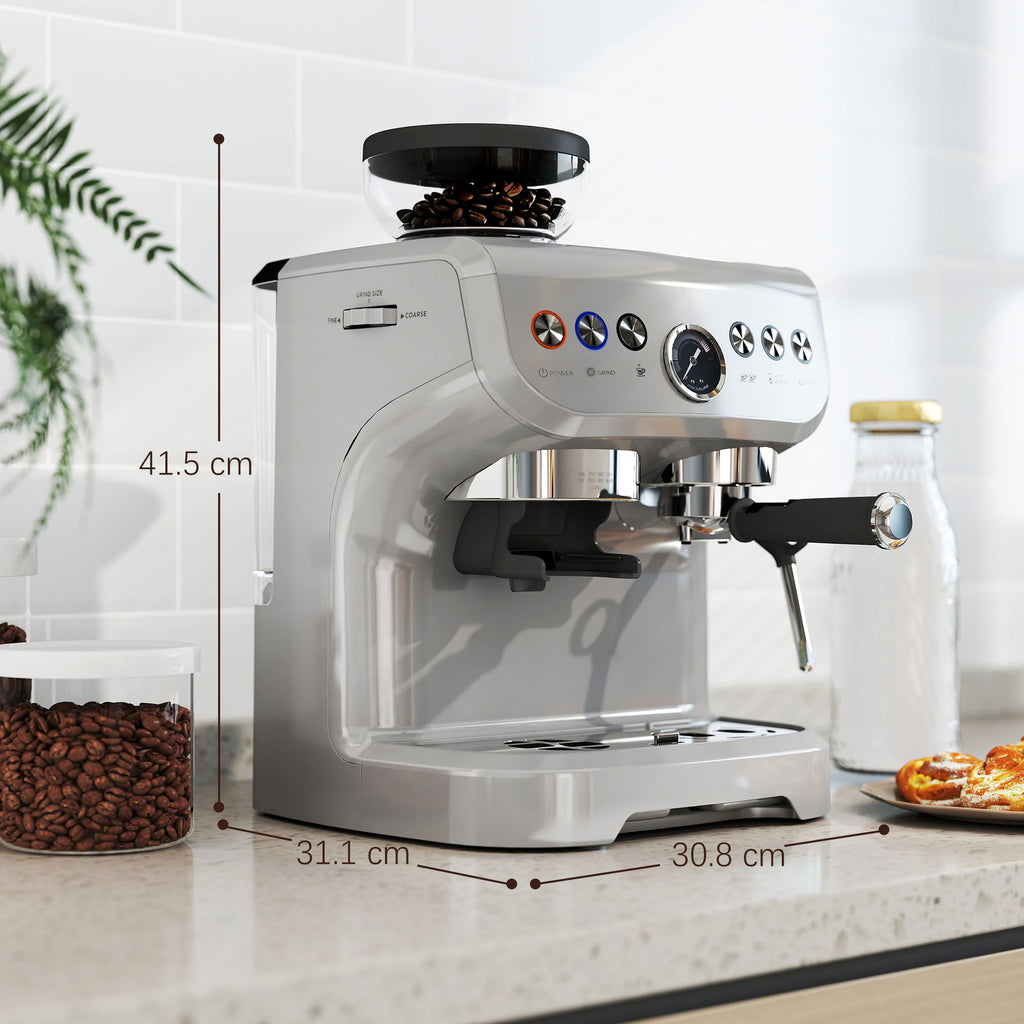 15 Bar Coffee Machine with 15 Adjustable Grind Setting, Steamer and Complete Kit - Silver Colour