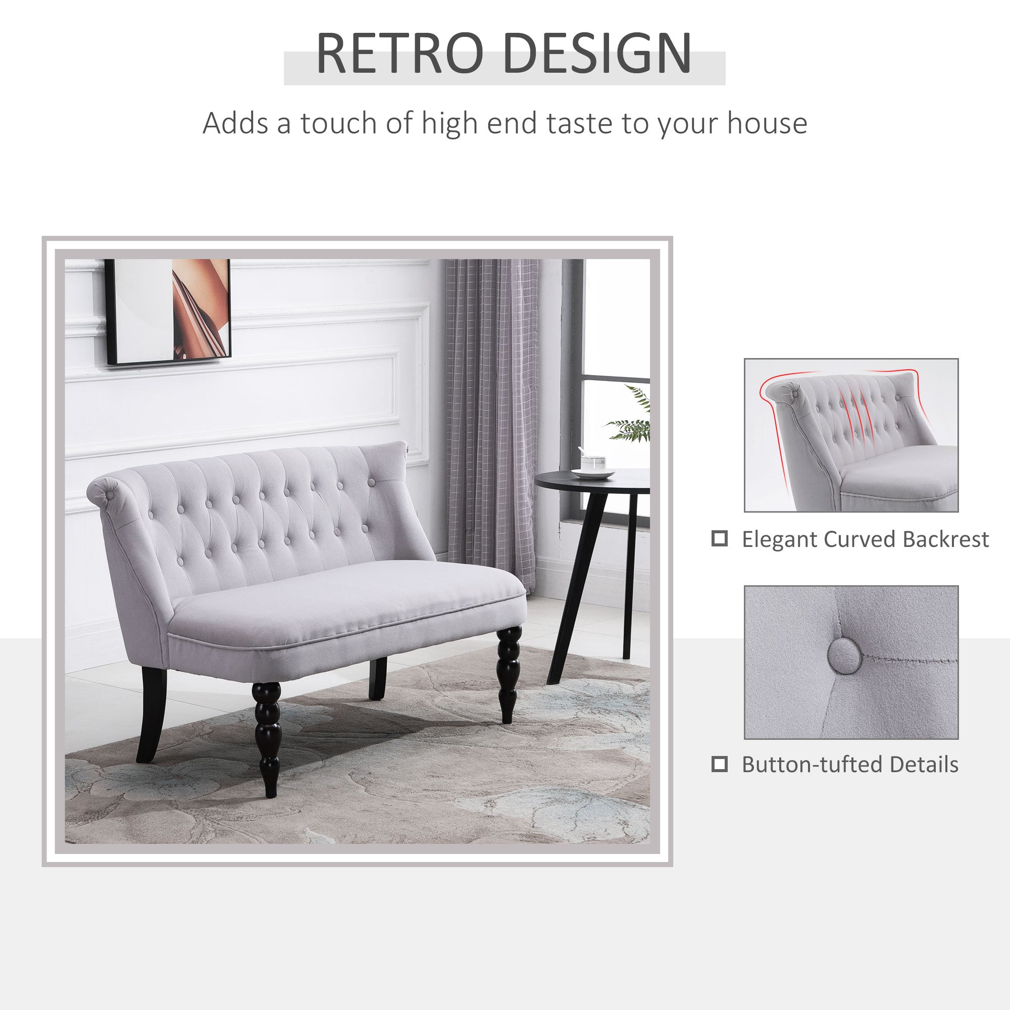 HOMCOM Velvet 2 Seater Sofa, Button Tufted Wingback Loveseat with Rubber Wood Legs for Living Room, Bedroom, Grey