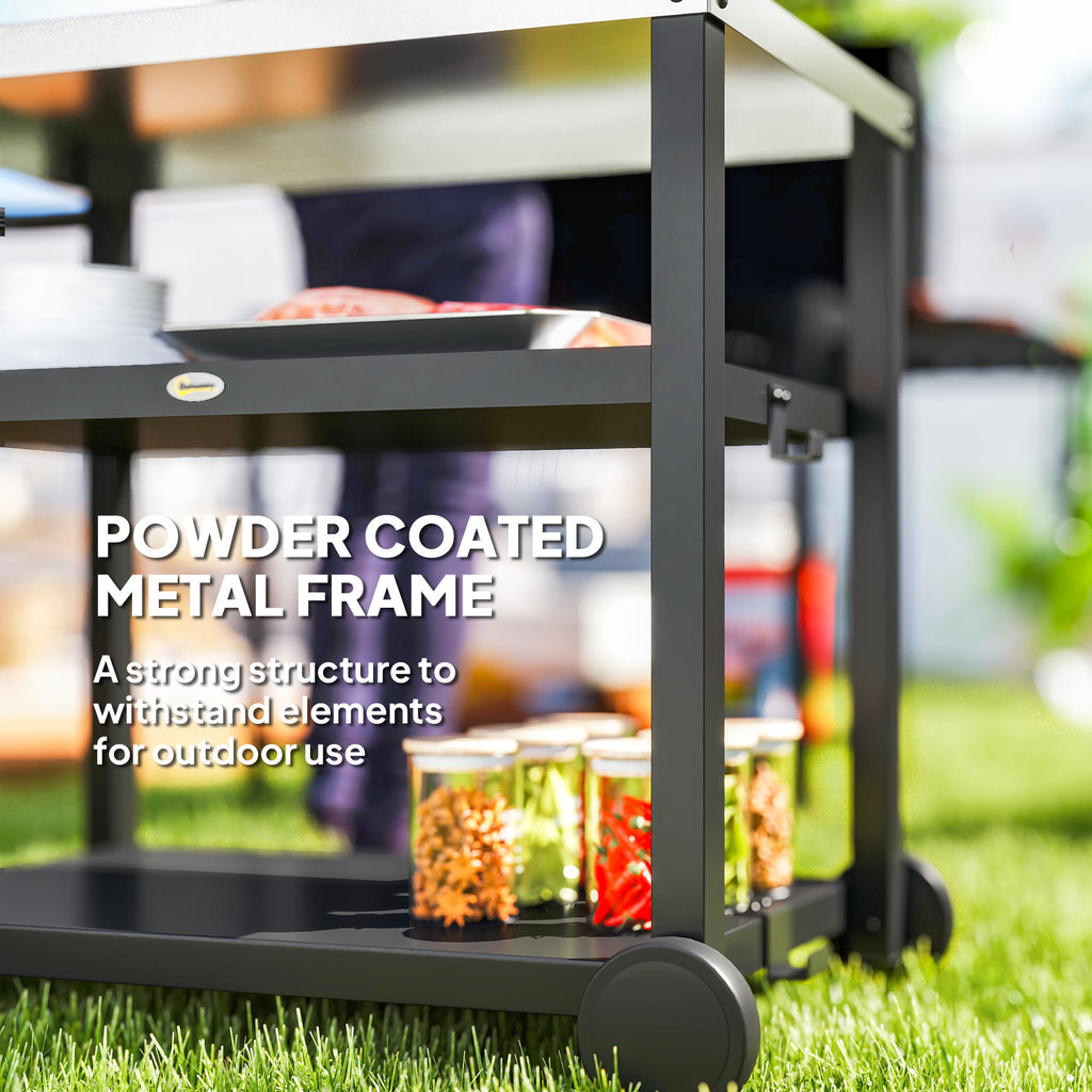 Outsunny Outdoor Grill Dining Cart 3-Shelf Movable Pizza Oven Table Stand with Stainless Steel Top, Portable BBQ Trolley Food Prep Outdoor Kitchen Barbecue Station with Hooks Wheels, Charcoal Grey