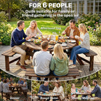 Outsunny Wooden Garden Dining Set, 6 Seater Round Dining Picnic Table with Matching Bench, Garden Furniture Set with Parasol Hole for Outdoor Patio Party and Family Gatherings, Carbonized