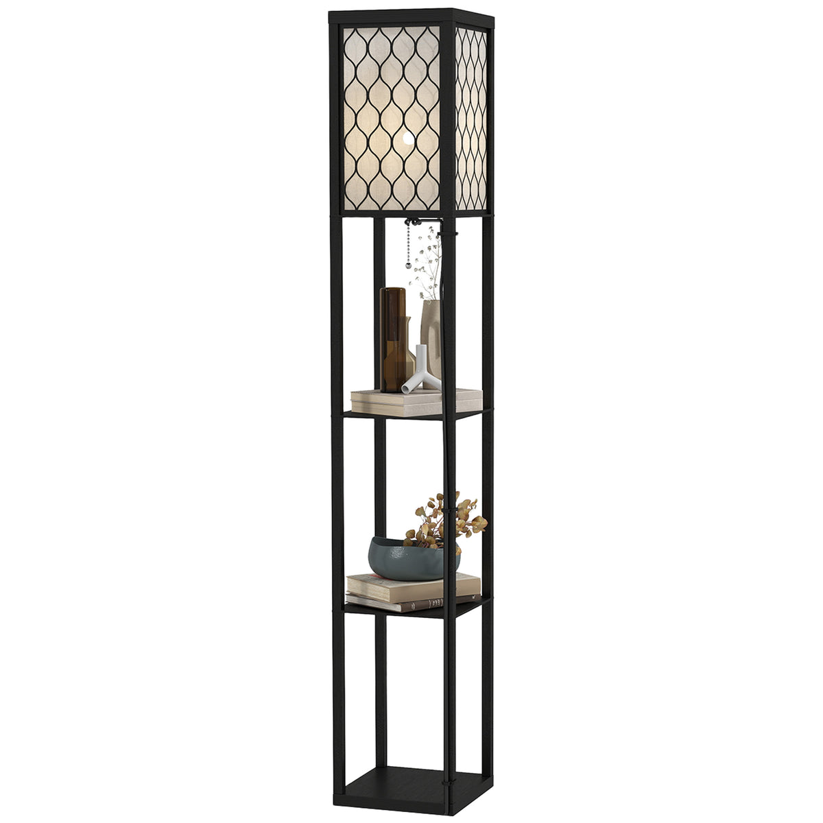 Shelf Floor Lamp Standing Lamp W/4-tier Wooden Open Shelves,26L x 26W x 160Hcm-Black/White
