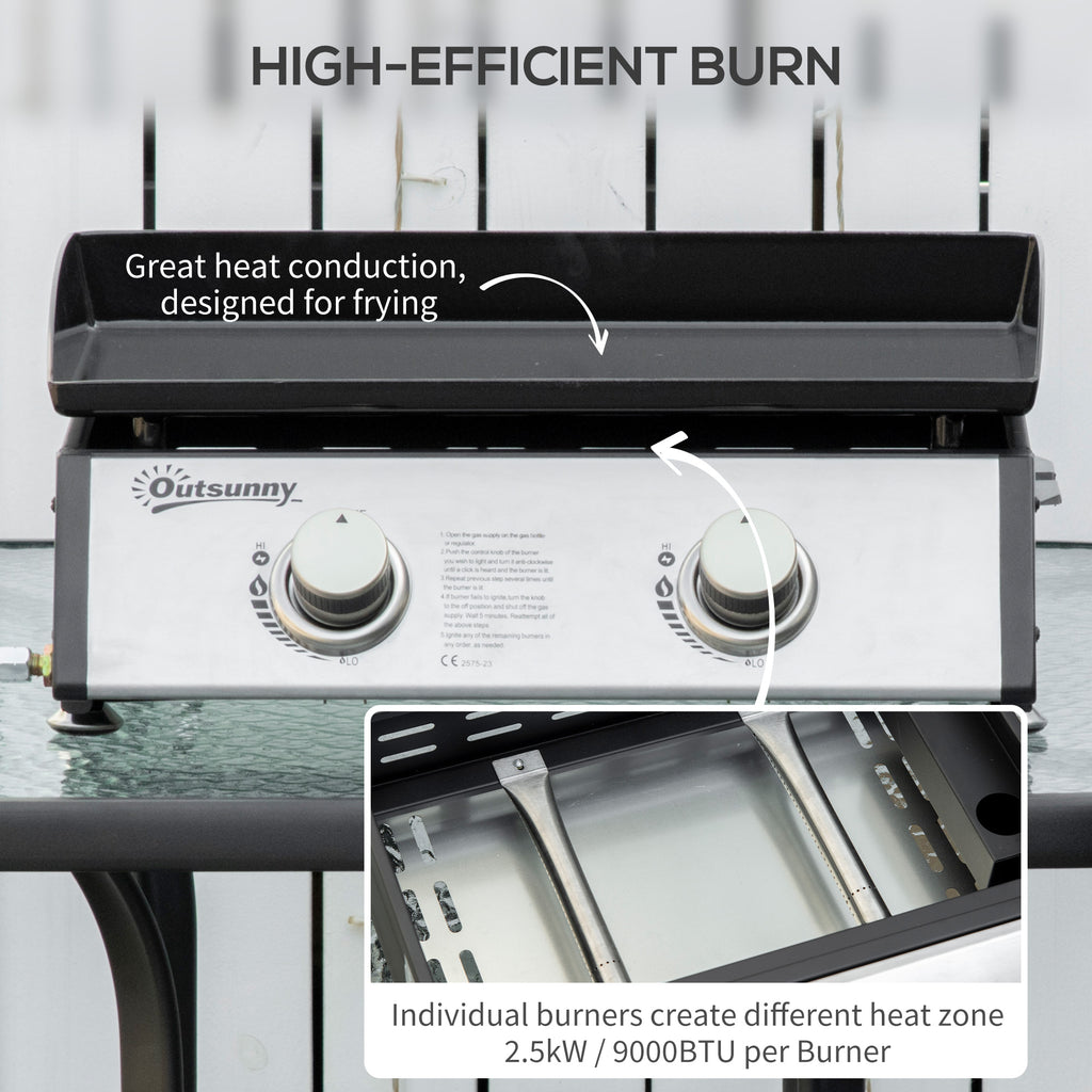 Outsunny Gas Plancha Barbecue Grill with 2 Stainless Steel Burner, 5kW, Portable Tabletop Gas BBQ with Non-Stick Griddle for Camping Picnic Garden Party Festival